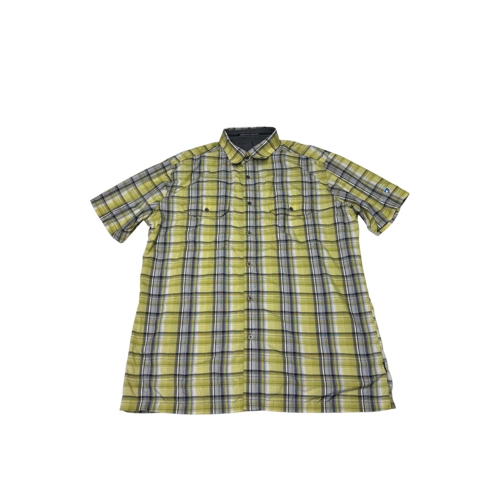 Kuhl Mens Short Sleeve Button Down Shirt Large Green Plaid Hiking Outdoor Travel